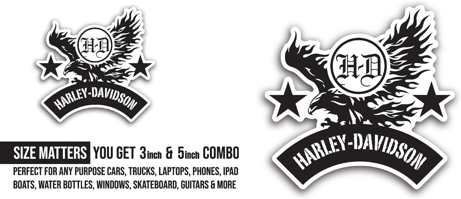 2 (Pieces) 3" and 5" H A R LE Y D A V I D S O N Text with Eagle Sticker, Waterproof Vinyl Decals for Many Purpose Like Cars, Trucks, Laptops, Phones, Windows and More