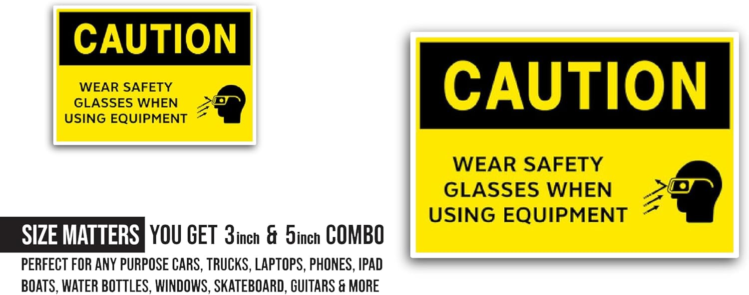 2 (Pieces) 3" and 5" Caution Sign - Wear Safety Glasses Sticker, Waterproof Vinyl Decals for Many Purpose Like Cars, Trucks, Laptops, Phones, Windows and More