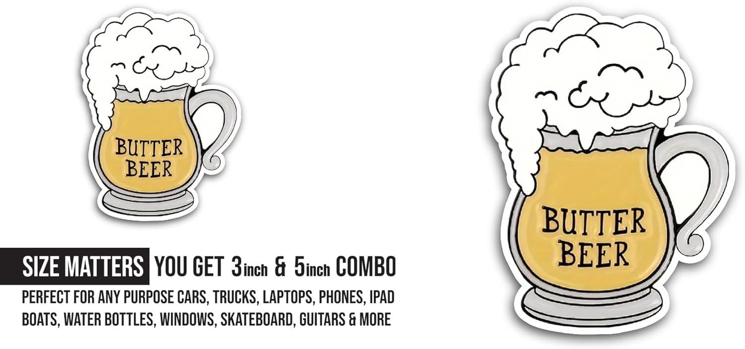 2 (Pieces) 3" and 5" Butter Beer Sticker, Waterproof Vinyl Decals for Many Purpose Like Cars, Trucks, Laptops, Phones, Windows and More