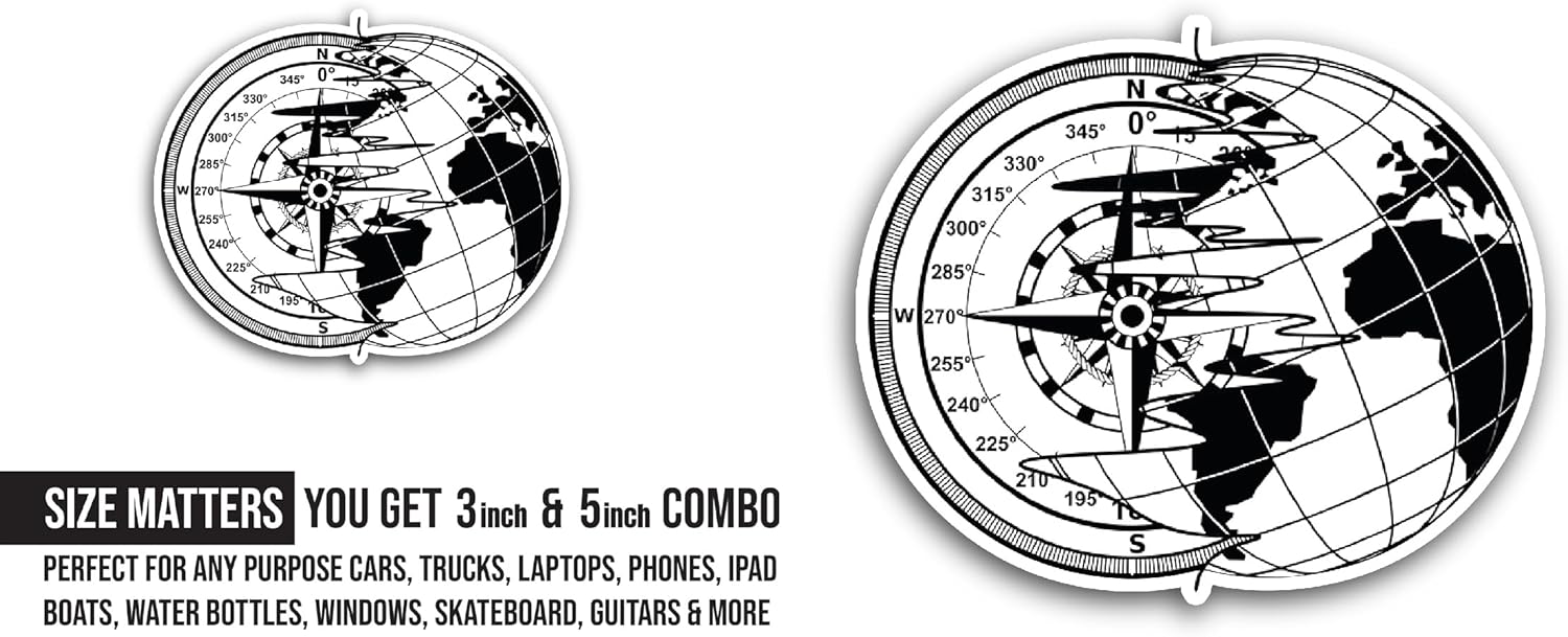 2 (Pieces) 3" and 5" Compass Globe Sticker, Waterproof Vinyl Decals for Many Purpose Like Cars, Trucks, Laptops, Phones, Windows and More