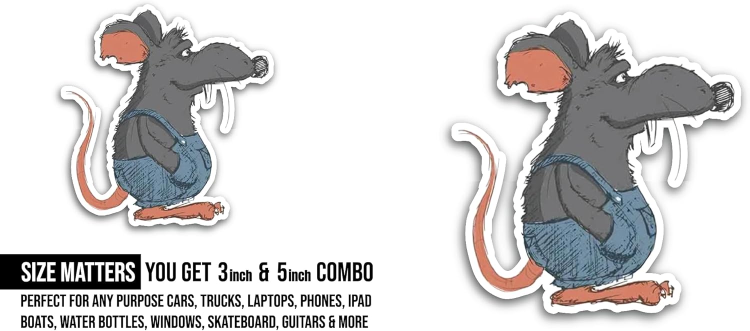 2 (Pieces) 3" and 5" Funny Rat Sticker, Waterproof Vinyl Decals for Many Purpose Like Cars, Trucks, Laptops, Phones, Windows and More