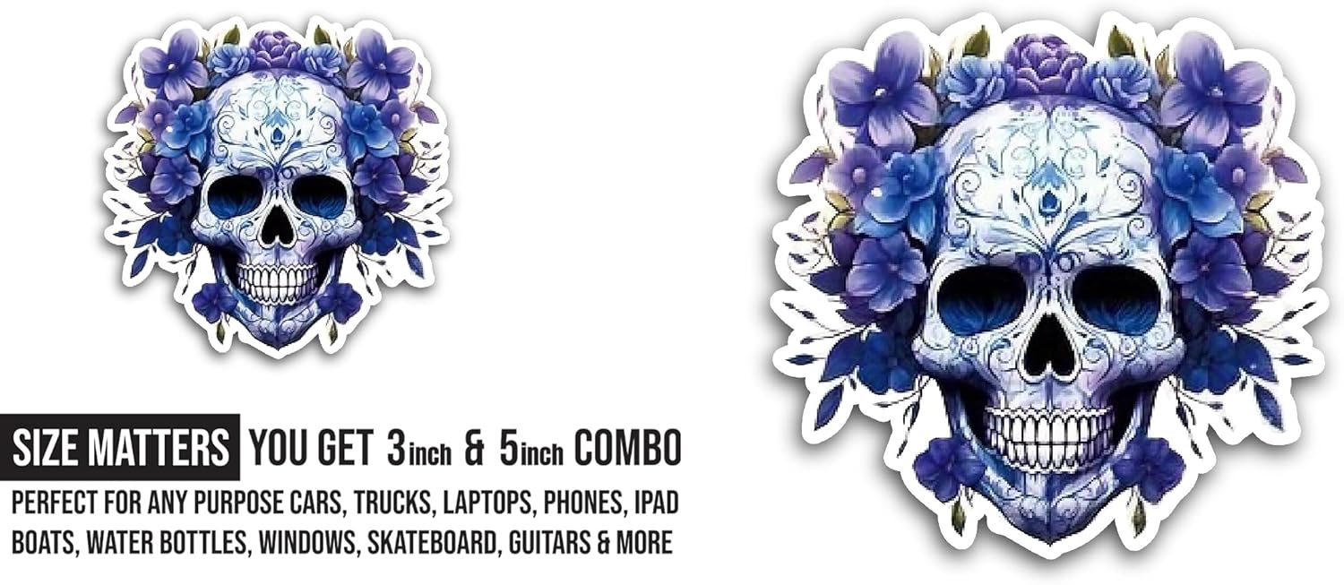 2 (Pieces) 3" and 5" Skull with Blue Flowers Sticker, Waterproof Vinyl Decals for Many Purpose Like Cars, Trucks, Laptops, Phones, Windows and More