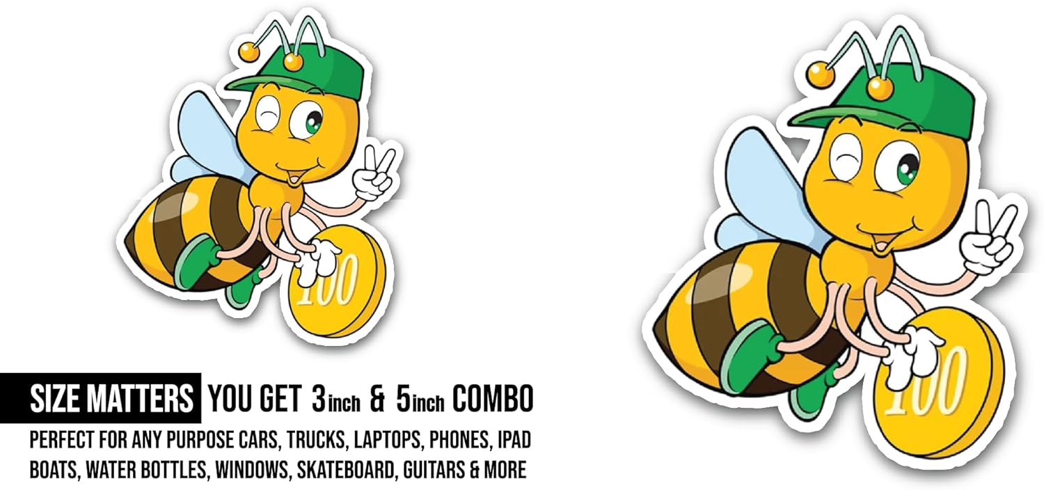 2 (Pieces) 3" and 5" Honey Bee Sticker, Waterproof Vinyl Decals for Many Purpose Like Cars, Trucks, Laptops, Phones, Windows and More