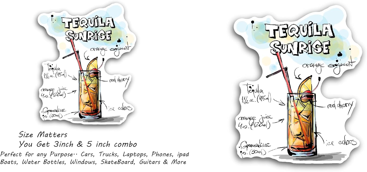 2 (Pieces) 3" and 5" Tequila Sunrise Recipe Sticker, Waterproof Vinyl Decals for Many Purpose Like Cars, Trucks, Laptops, Phones, Windows and More