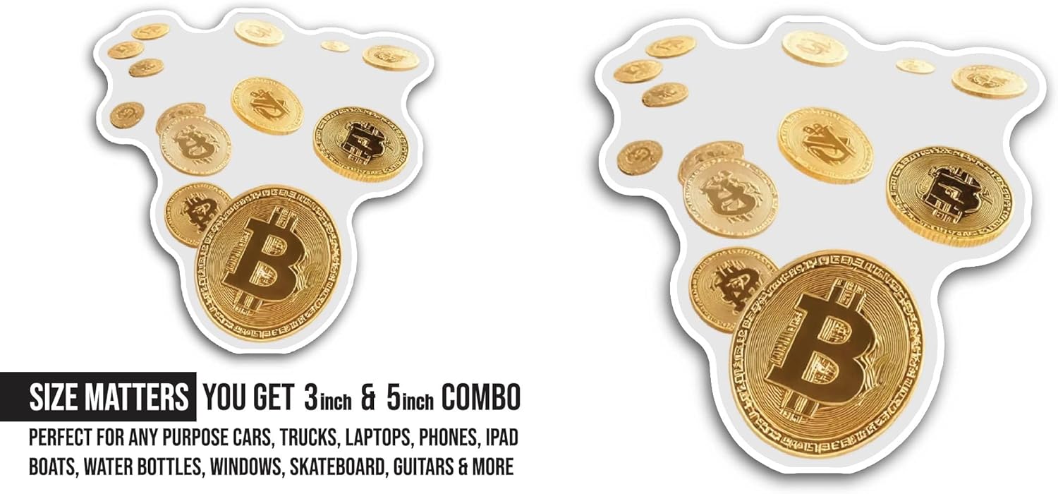 2 (Pieces) 3" and 5" Bitcoin Gold Coins Sticker, Waterproof Vinyl Decals for Many Purpose Like Cars, Trucks, Laptops, Phones, Windows and More