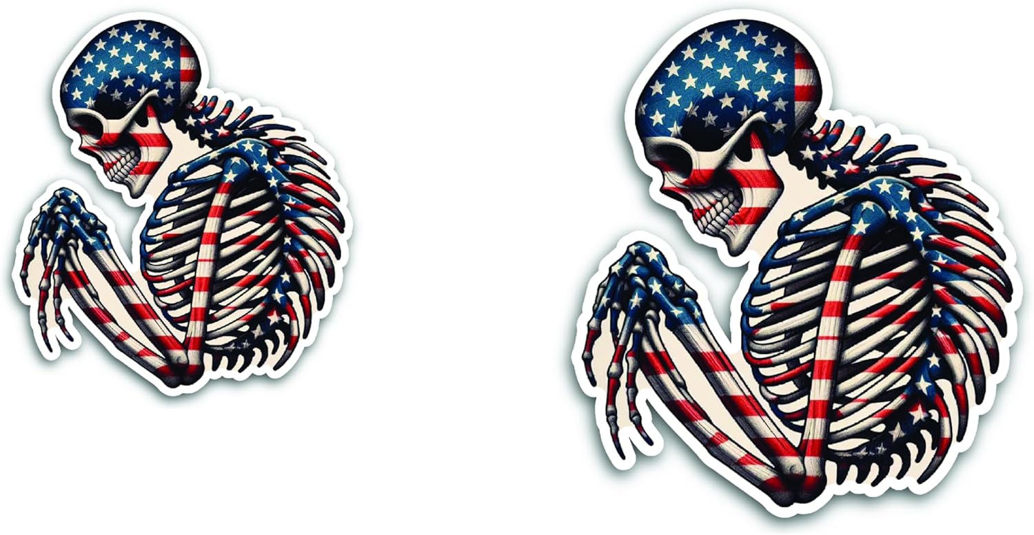2 (Pieces) 3" and 5" Skeleton in American Flag Design Decal Sticker, Waterproof Vinyl Decals for Many Purpose Like Cars, Trucks, Laptops, Phones, Windows and More