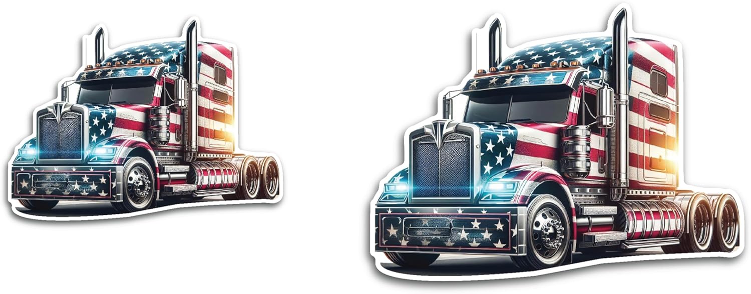 2 (Pieces) 3" and 5" Trailer Truck with USA Flag Design Decal Sticker, Waterproof Vinyl Decals for Many Purpose Like Cars, Trucks, Laptops, Phones, Windows and More
