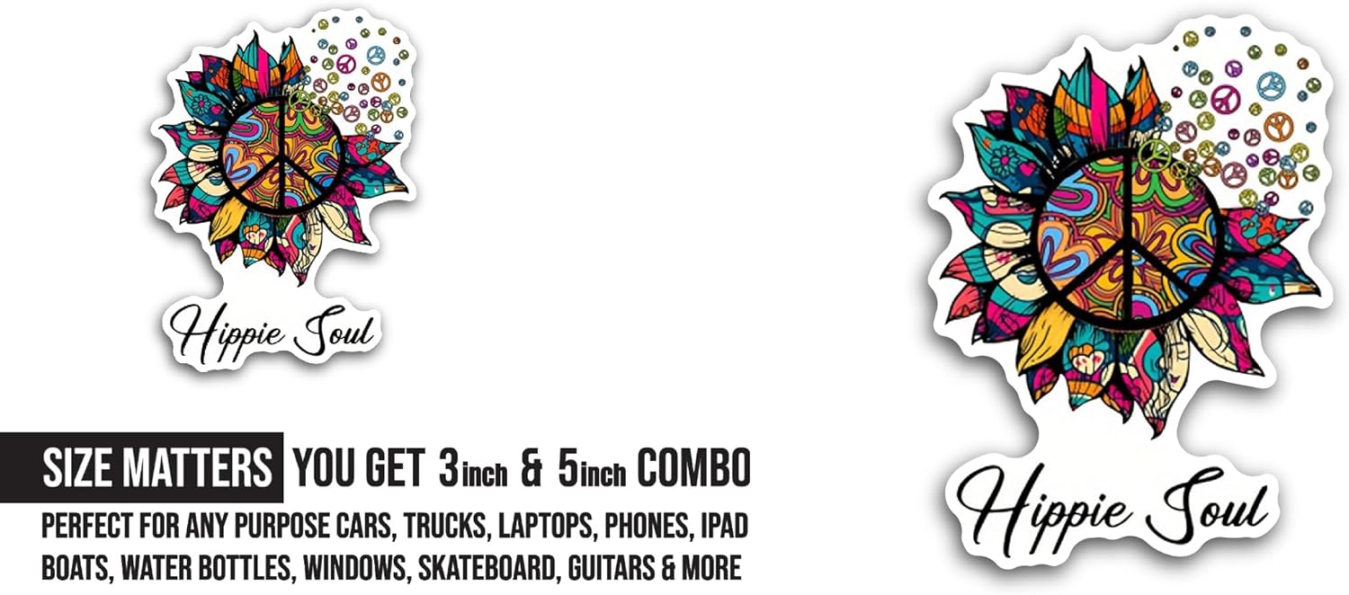 2 (Pieces) 3" and 5" Hippie Soul Text Sticker, Waterproof Vinyl Decals for Many Purpose Like Cars, Trucks, Laptops, Phones, Windows and More