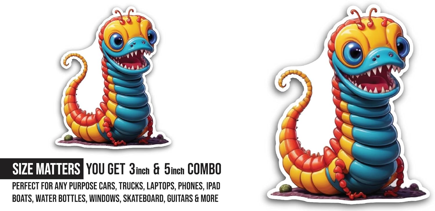 2 (Pieces) 3" and 5" Worm Monster Sticker, Waterproof Vinyl Decals for Many Purpose Like Cars, Trucks, Laptops, Phones, Windows and More