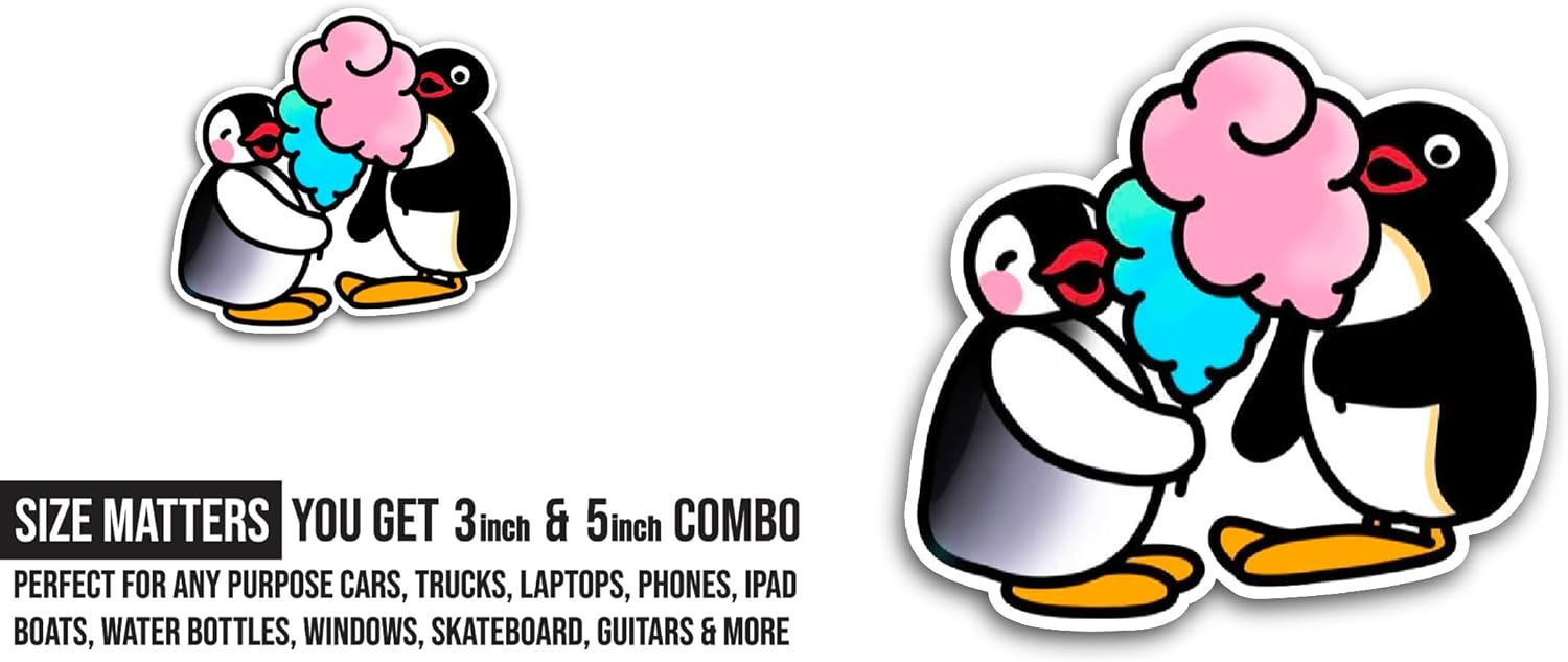 2 (Pieces) 3" and 5" Two Penguins Sticker, Waterproof Vinyl Decals for Many Purpose Like Cars, Trucks, Laptops, Phones, Windows and More