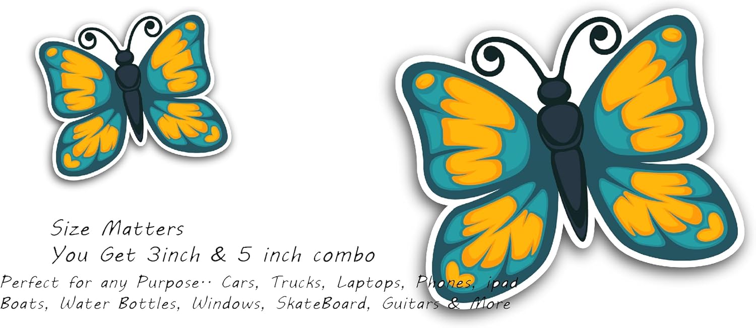 2 (Pieces) 3" and 5" Blue and Yellow Butterfly Sticker, Waterproof Vinyl Decals for Many Purpose Like Cars, Trucks, Laptops, Phones, Windows and More