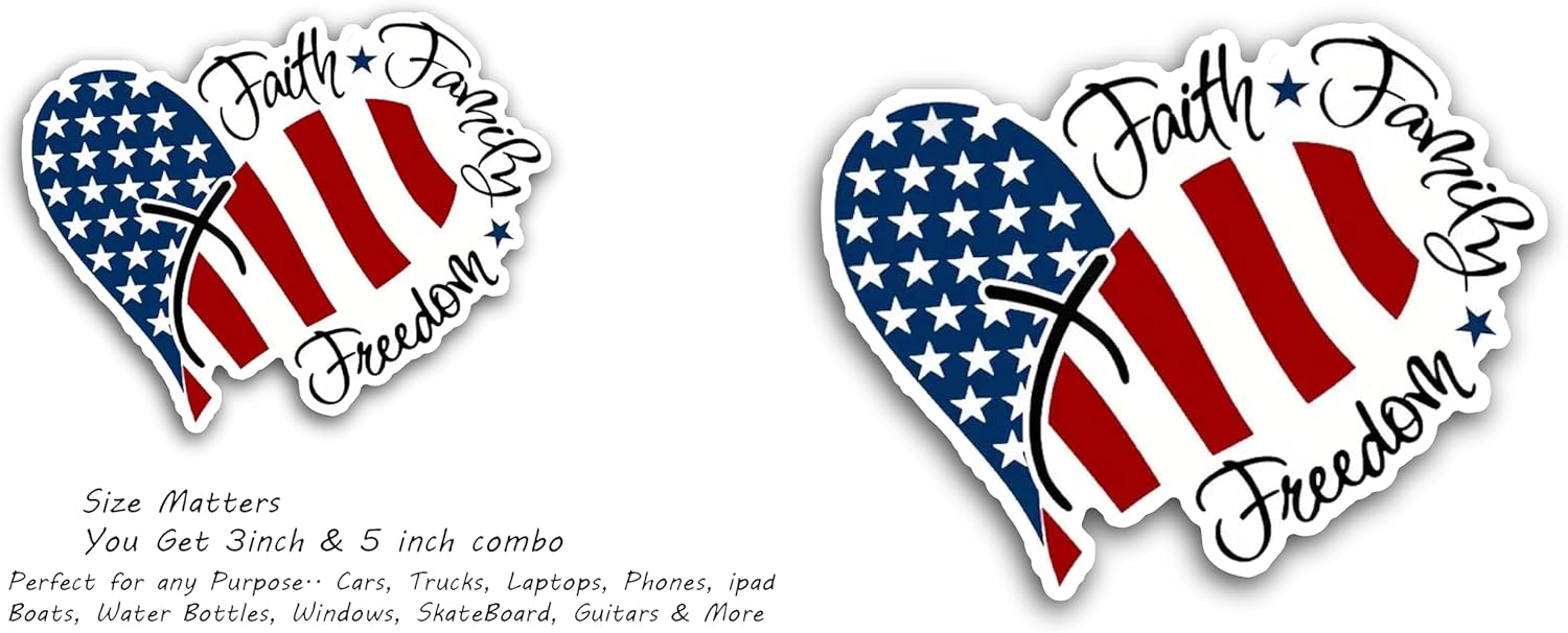 2 (Pieces) 3" and 5" Heart with Faith Family Freedom Decal Sticker, Waterproof Vinyl Decals for Many Purpose Like Cars, Trucks, Laptops, Phones, Windows and More
