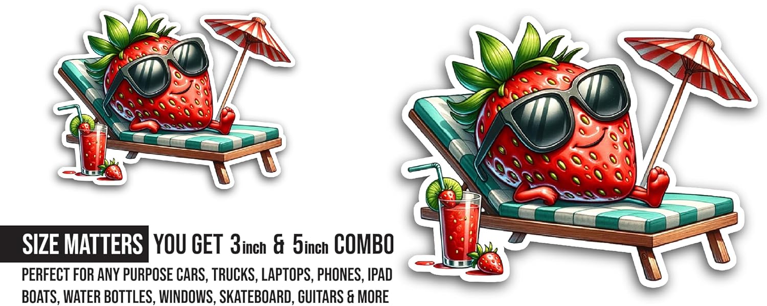 2 (Pieces) 3" and 5" Cartoon Strawberry Sticker, Waterproof Vinyl Decals for Many Purpose Like Cars, Trucks, Laptops, Phones, Windows and More