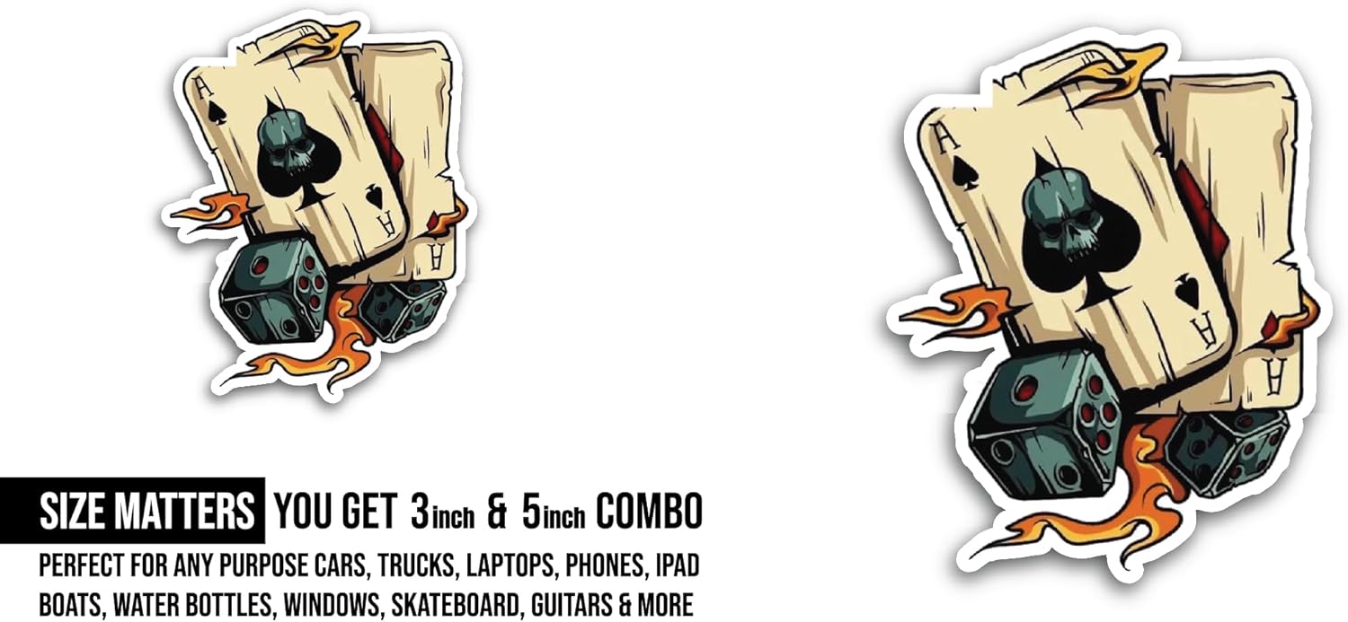 2 (Pieces) 3" and 5" Dice and Flaming Cards Sticker, Waterproof Vinyl Decals for Many Purpose Like Cars, Trucks, Laptops, Phones, Windows and More