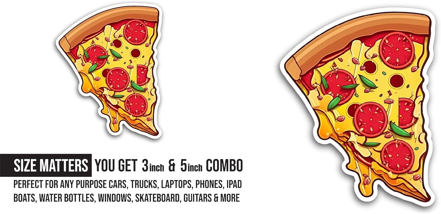 2 (Pieces) 3" and 5" Slice of Pepperoni Pizza Sticker, Waterproof Vinyl Decals for Many Purpose Like Cars, Trucks, Laptops, Phones, Windows and More