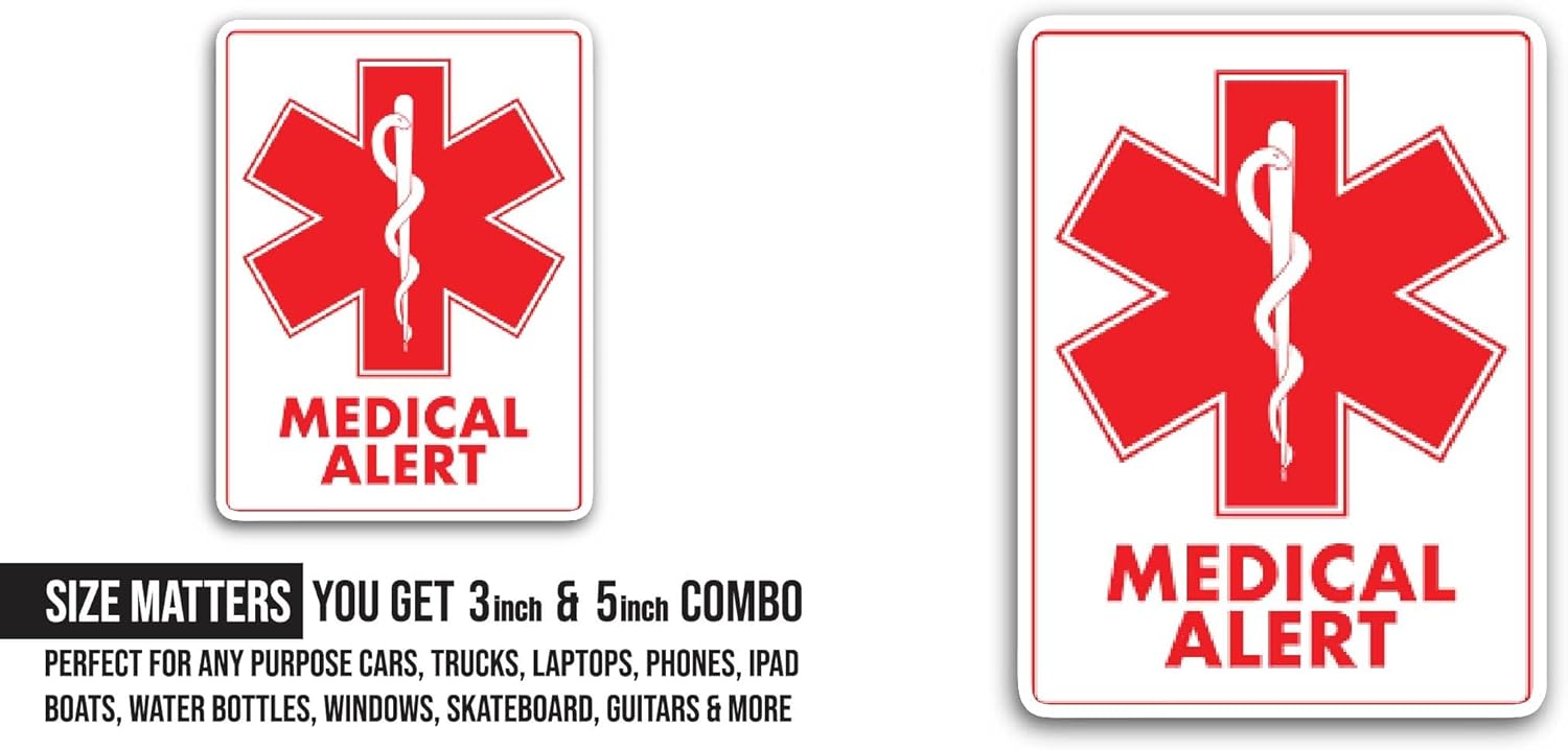 2 (Pieces) 3" and 5" Medical Alert Sticker, Waterproof Vinyl Decals for Many Purpose Like Cars, Trucks, Laptops, Phones, Windows and More