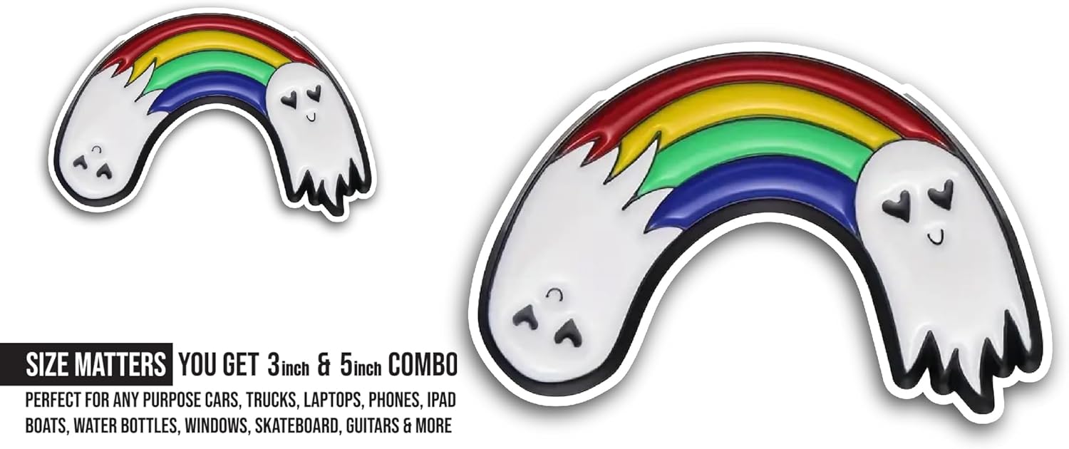 2 (Pieces) 3" and 5" Rainbow and Ghosts Sticker, Waterproof Vinyl Decals for Many Purpose Like Cars, Trucks, Laptops, Phones, Windows and More