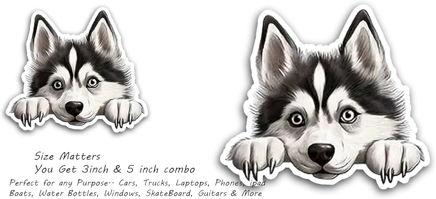 2 (Pieces) 3" and 5" Husky Dog Staring at me Decal Sticker, Waterproof Vinyl Decals for Many Purpose Like Cars, Trucks, Laptops, Phones, Windows and More