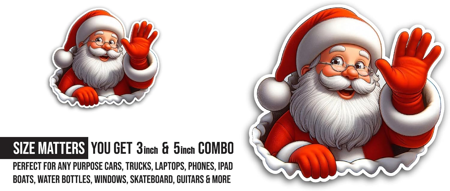 2 (Pieces) 3" and 5" Santa Claus Sticker, Waterproof Vinyl Decals for Many Purpose Like Cars, Trucks, Laptops, Phones, Windows and More