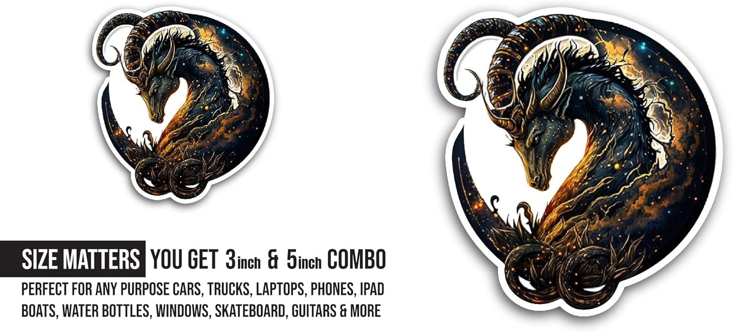 2 (Pieces) 3" and 5" Fantasy Dragon Sticker, Waterproof Vinyl Decals for Many Purpose Like Cars, Trucks, Laptops, Phones, Windows and More