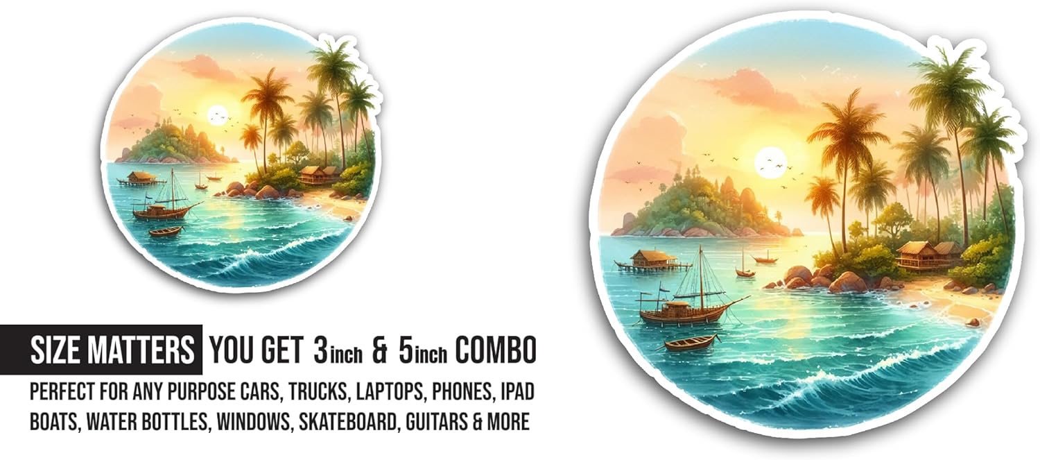 2 (Pieces) 3" and 5" Tropical Island with Beach Sticker, Waterproof Vinyl Decals for Many Purpose Like Cars, Trucks, Laptops, Phones, Windows and More