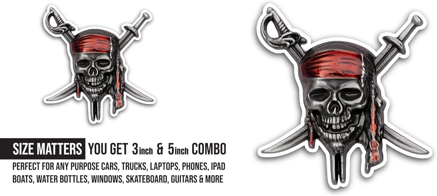2 (Pieces) 3" and 5" Pirate Skull with Crossed Swords Sticker, Waterproof Vinyl Decals for Many Purpose Like Cars, Trucks, Laptops, Phones, Windows and More