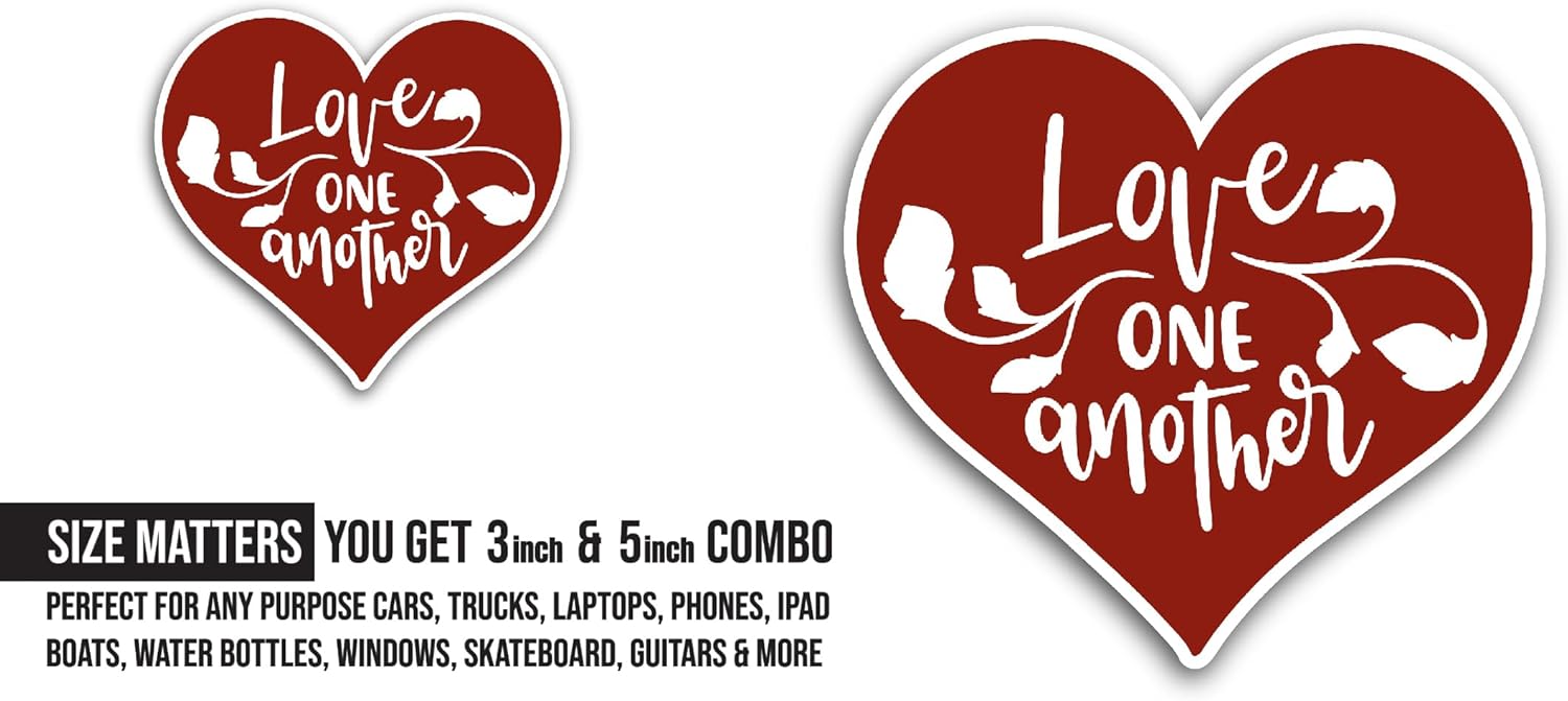 2 (Pieces) 3" and 5" Love One Another Text in Red Heart Sticker, Waterproof Vinyl Decals for Many Purpose Like Cars, Trucks, Laptops, Phones, Windows and More