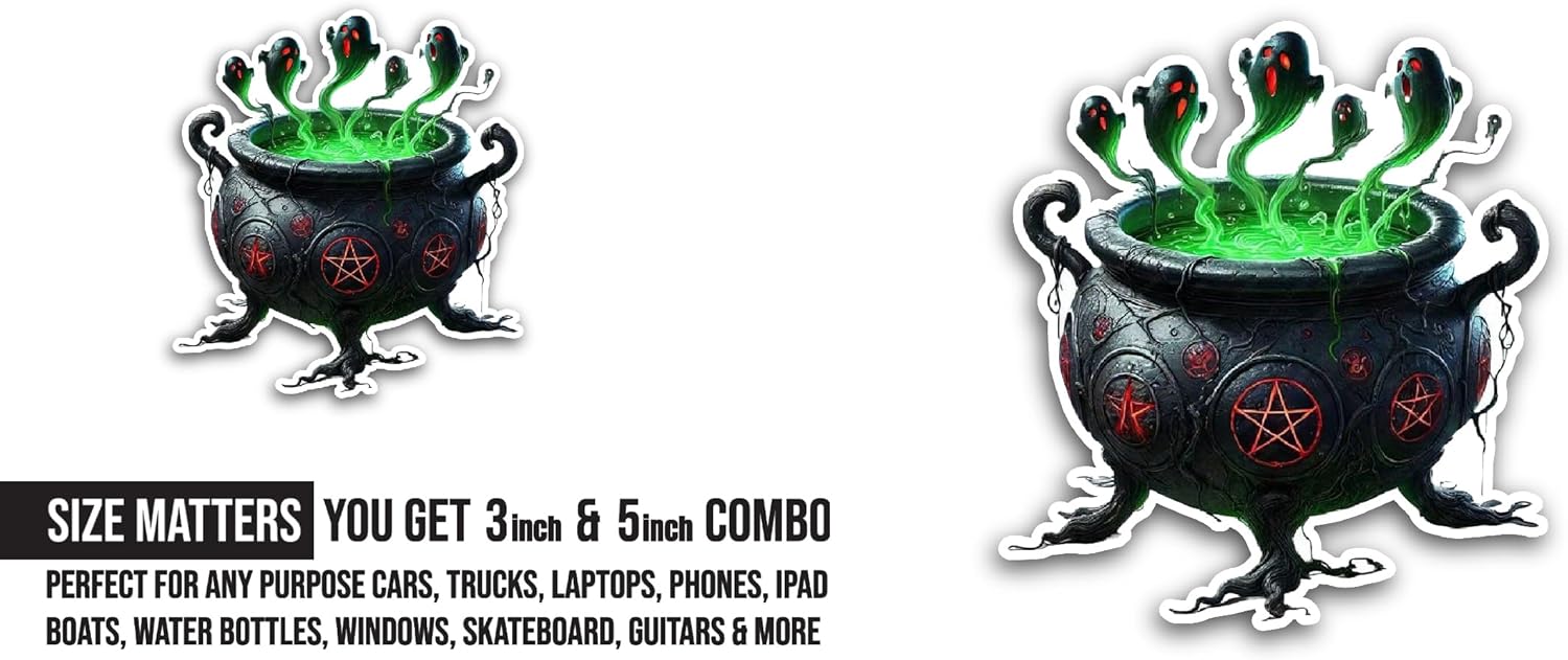 2 (Pieces) 3" and 5" Cauldron with A Green Potion Sticker, Waterproof Vinyl Decals for Many Purpose Like Cars, Trucks, Laptops, Phones, Windows and More