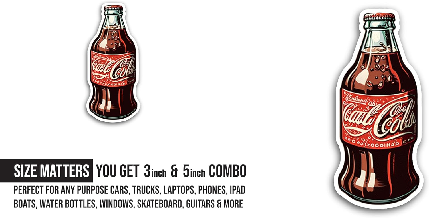 2 (Pieces) 3" and 5" Coke Bottle Sticker, Waterproof Vinyl Decals for Many Purpose Like Cars, Trucks, Laptops, Phones, Windows and More