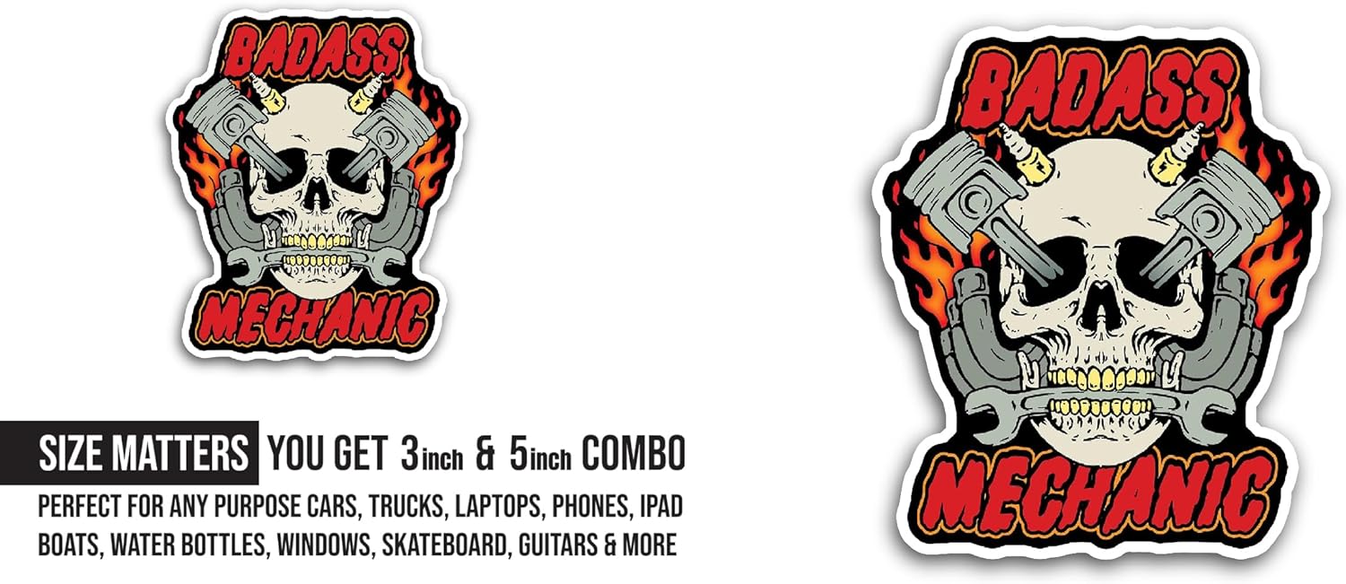 2 (Pieces) 3" and 5" Badass Mechanic Sticker, Waterproof Vinyl Decals for Many Purpose Like Cars, Trucks, Laptops, Phones, Windows and More