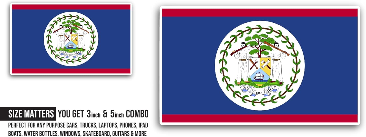 2 (Pieces) 3" and 5" Belize Flag Sticker, Waterproof Vinyl Decals for Many Purpose Like Cars, Trucks, Laptops, Phones, Windows and More