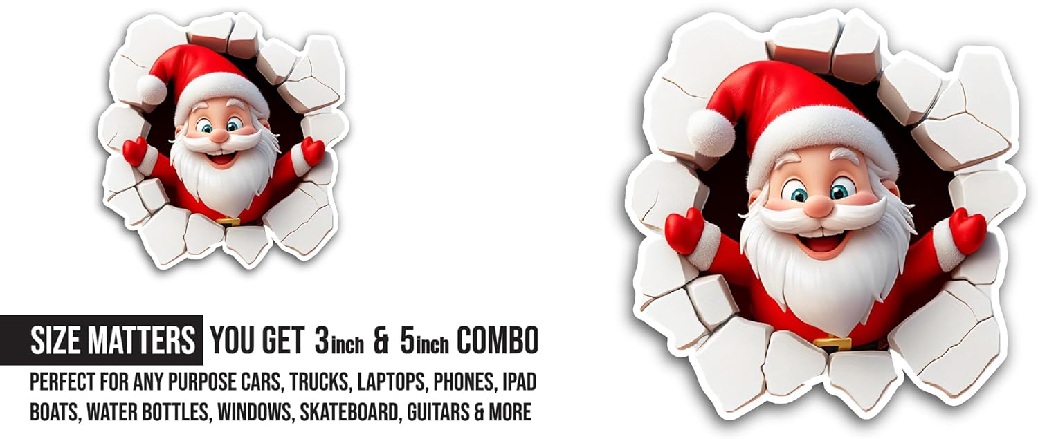 2 (Pieces) 3" and 5" Santa Breaking Through Wall Sticker, Waterproof Vinyl Decals for Many Purpose Like Cars, Trucks, Laptops, Phones, Windows and More