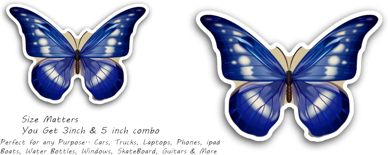 2 (Pieces) 3" and 5" Blue Tropical Butterfly Sticker, Waterproof Vinyl Decals for Many Purpose Like Cars, Trucks, Laptops, Phones, Windows and More