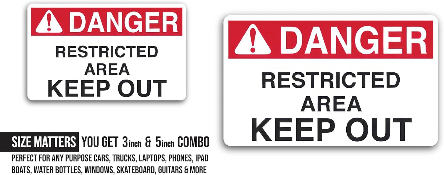 2 (Pieces) 3" and 5" Danger Restricted Area Keep Out Decal Sticker, Waterproof Vinyl Decals for Many Purpose Like Cars, Trucks, Laptops, Phones, Windows and More
