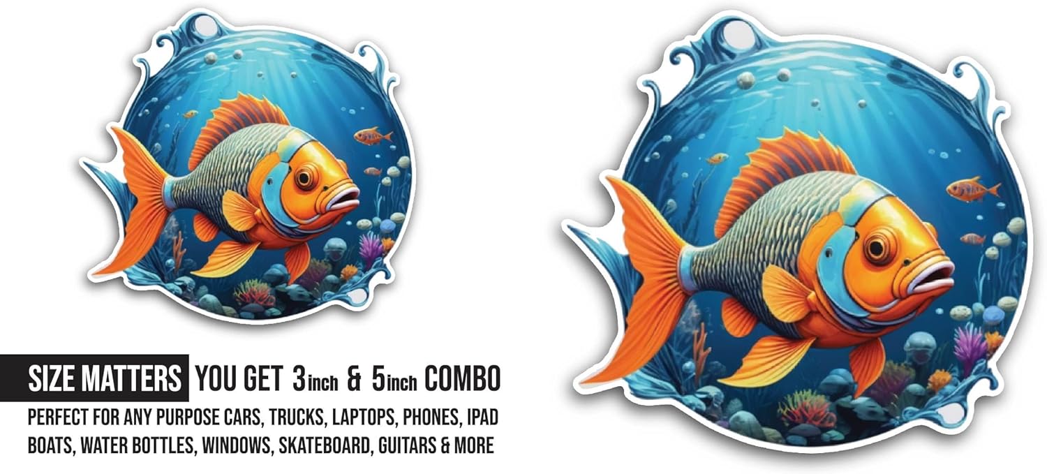 2 (Pieces) 3" and 5" Underwater World with Fish Sticker, Waterproof Vinyl Decals for Many Purpose Like Cars, Trucks, Laptops, Phones, Windows and More