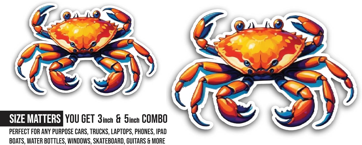 2 (Pieces) 3" and 5" Crab Sticker, Waterproof Vinyl Decals for Many Purpose Like Cars, Trucks, Laptops, Phones, Windows and More