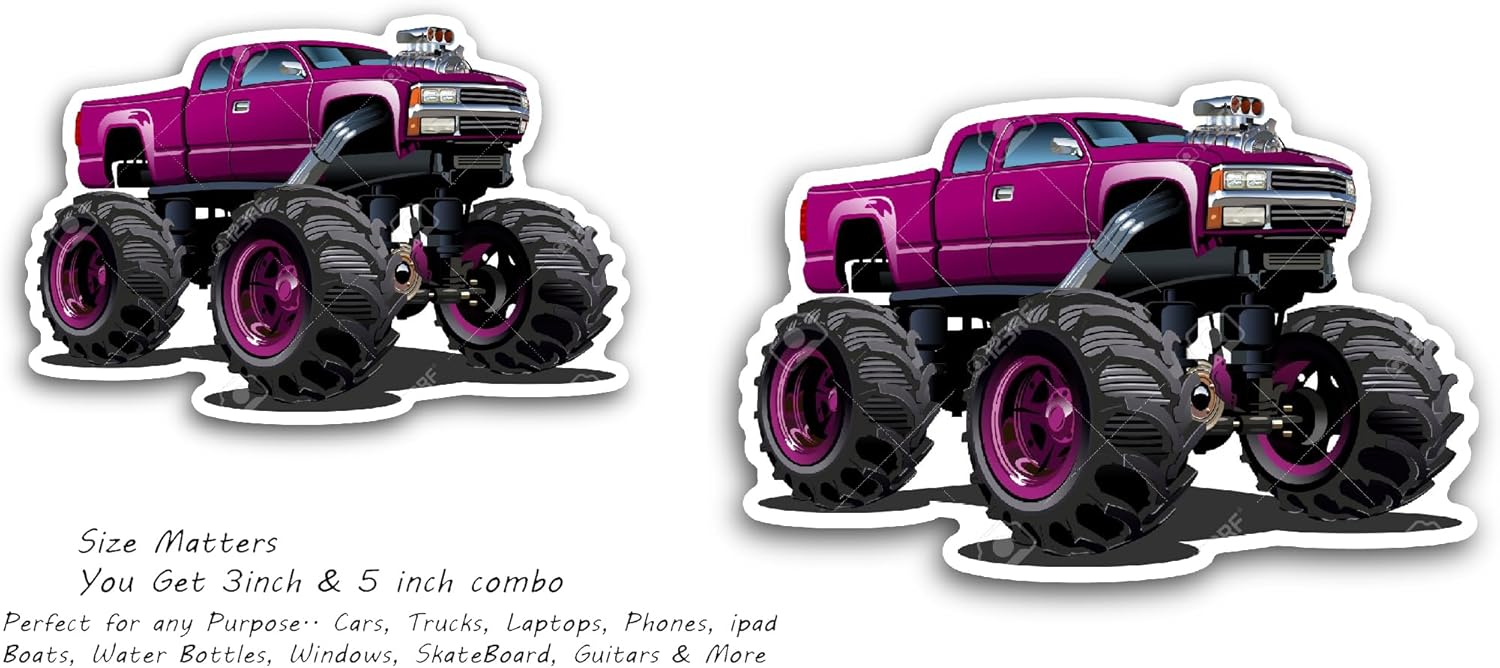 2 (Pieces) 3" and 5" Pink Monster Truck Sticker, Waterproof Vinyl Decals for Many Purpose Like Cars, Trucks, Laptops, Phones, Windows and More