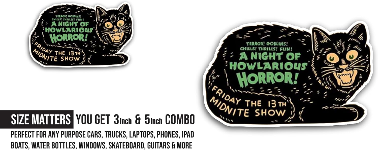 2 (Pieces) 3" and 5" Vintage Halloween Black Cat Sticker, Waterproof Vinyl Decals for Many Purpose Like Cars, Trucks, Laptops, Phones, Windows and More