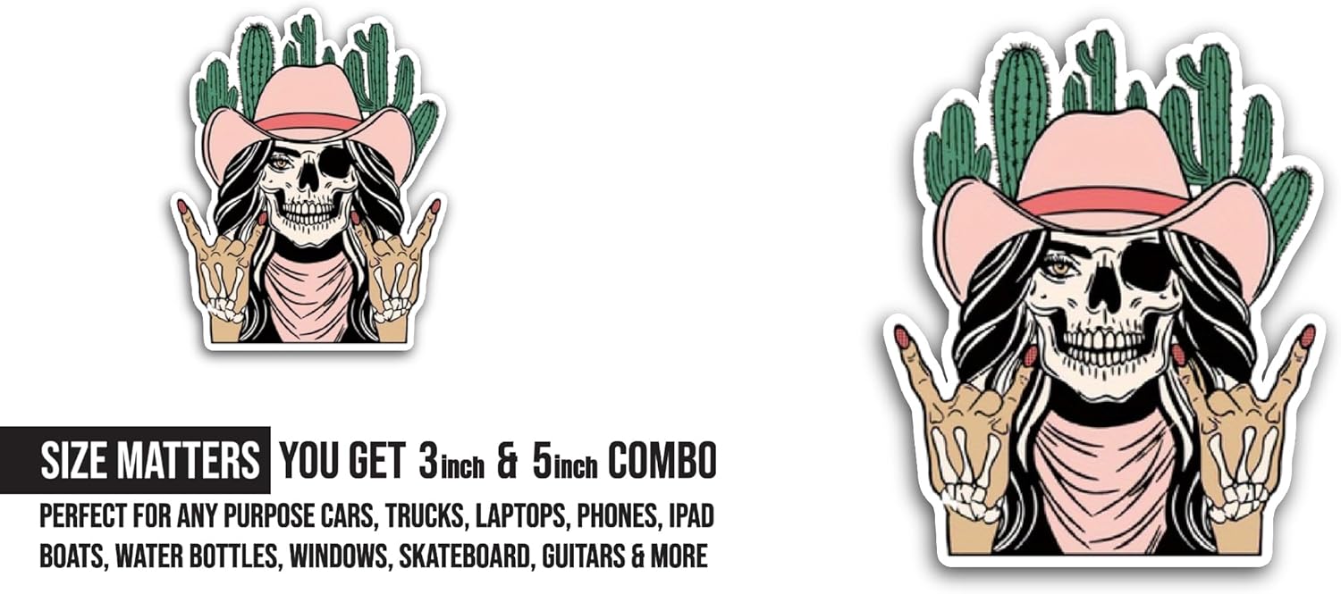 2 (Pieces) 3" and 5" Skeleton Cowgirl Sticker, Waterproof Vinyl Decals for Many Purpose Like Cars, Trucks, Laptops, Phones, Windows and More
