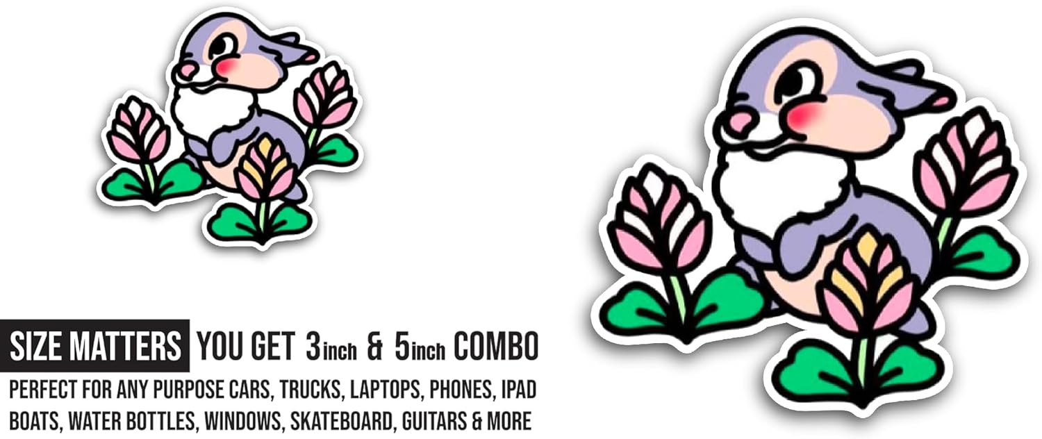 2 (Pieces) 3" and 5" Cartoon Grey Rabbit Sticker, Waterproof Vinyl Decals for Many Purpose Like Cars, Trucks, Laptops, Phones, Windows and More