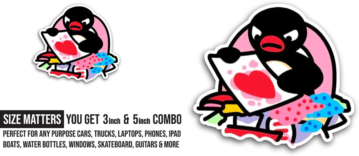 2 (Pieces) 3" and 5" Penguin with Heart Sticker, Waterproof Vinyl Decals for Many Purpose Like Cars, Trucks, Laptops, Phones, Windows and More