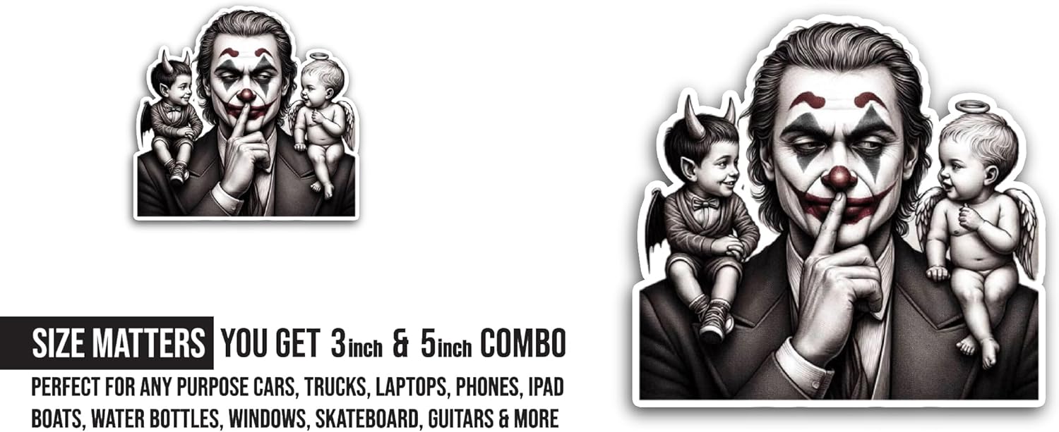 2 (Pieces) 3" and 5" Joker Portrait Sticker, Waterproof Vinyl Decals for Many Purpose Like Cars, Trucks, Laptops, Phones, Windows and More