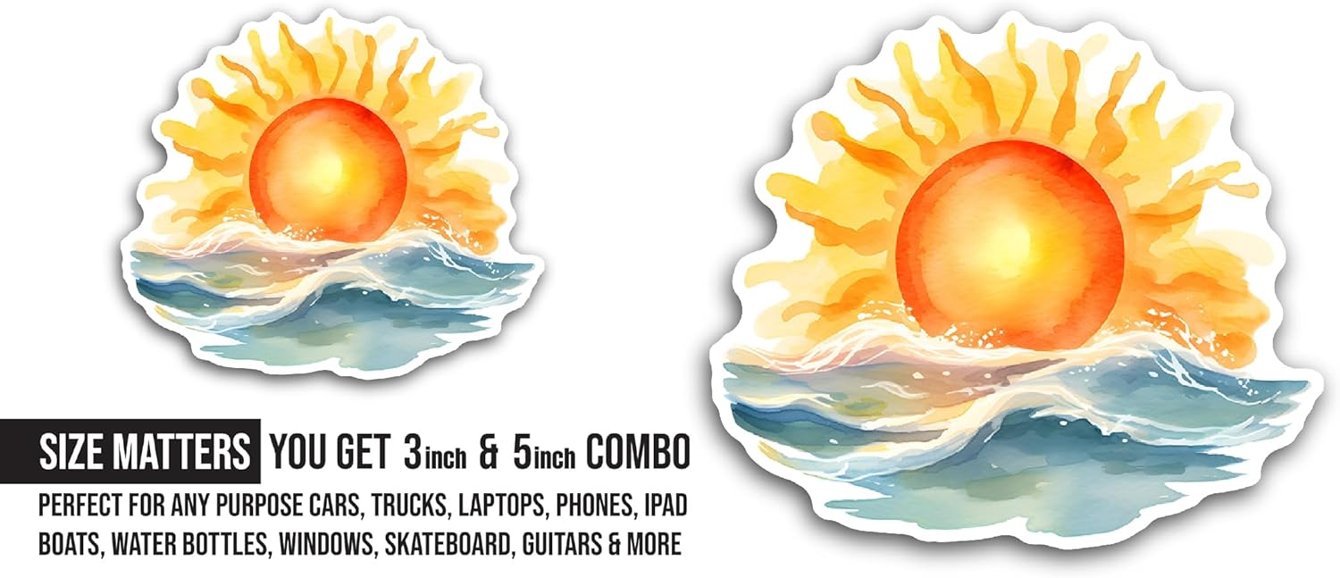 2 (Pieces) 3" and 5" Ocean and Sun Sticker, Waterproof Vinyl Decals for Many Purpose Like Cars, Trucks, Laptops, Phones, Windows and More