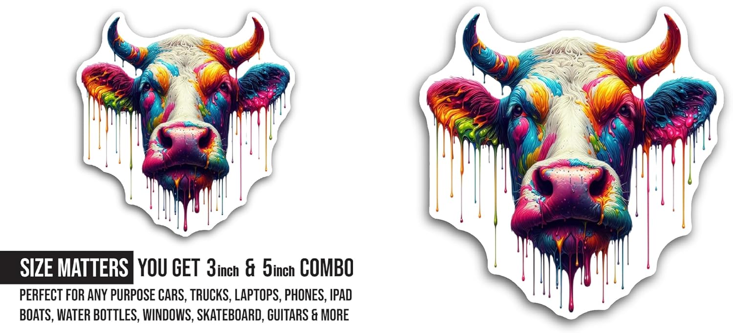 2 (Pieces) 3" and 5" Colorful Cow Head Sticker, Waterproof Vinyl Decals for Many Purpose Like Cars, Trucks, Laptops, Phones, Windows and More