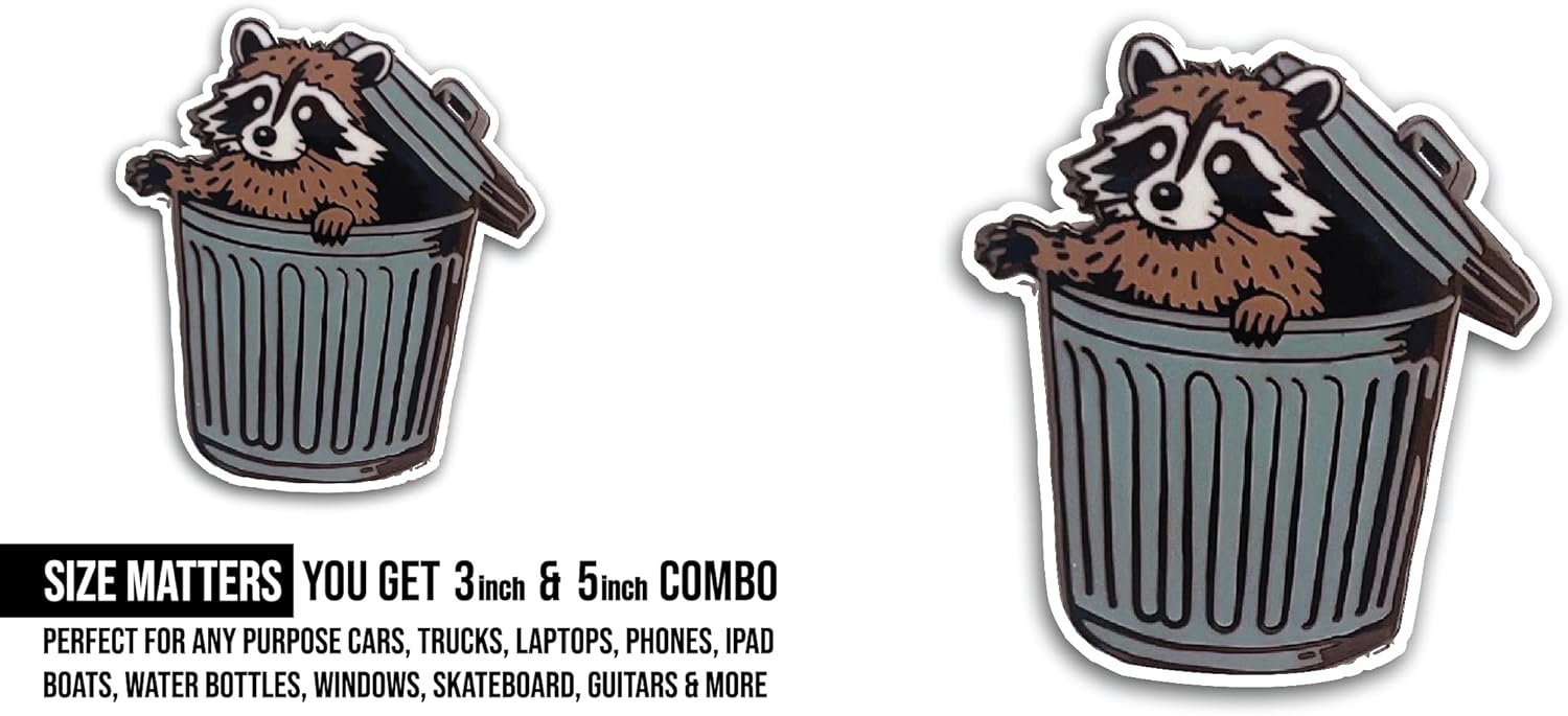 2 (Pieces) 3" and 5" Racoon in Trash Bin Sticker, Waterproof Vinyl Decals for Many Purpose Like Cars, Trucks, Laptops, Phones, Windows and More