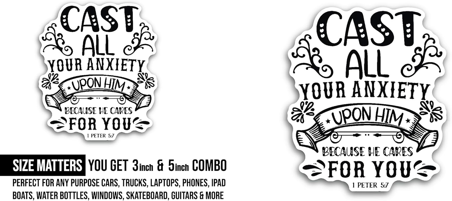 2 (Pieces) 3" and 5" Cast All Your Anxiety Sticker, Waterproof Vinyl Decals for Many Purpose Like Cars, Trucks, Laptops, Phones, Windows and More