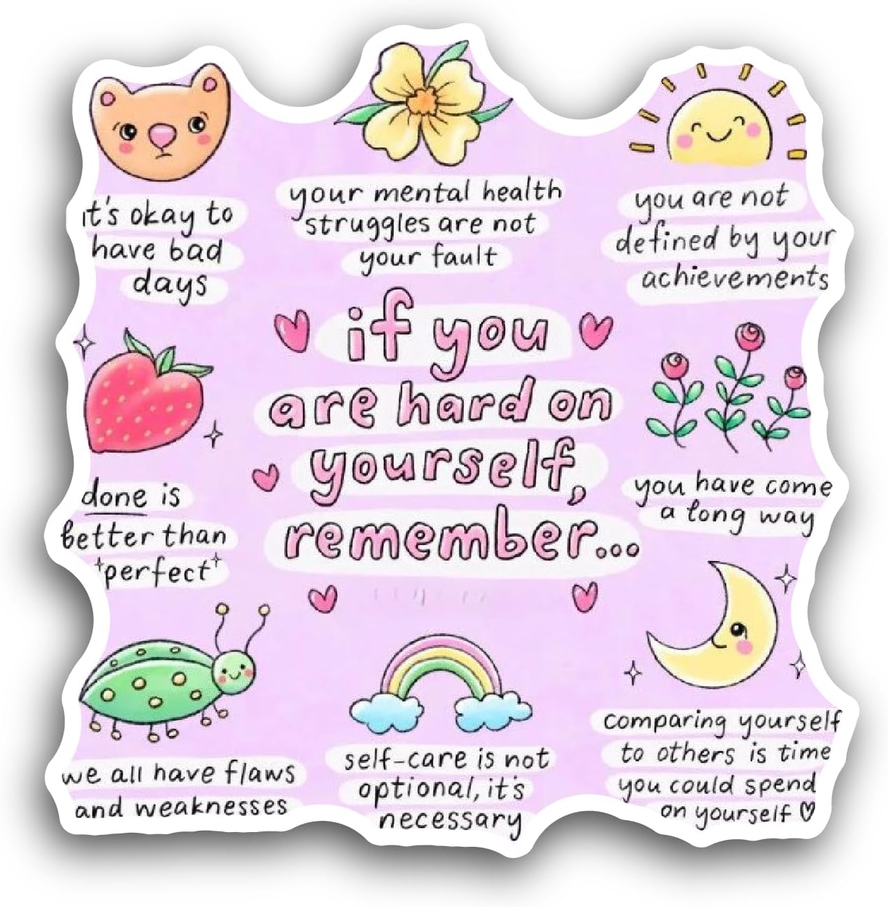 2 (Pieces) 3" and 5" Selfcare Texts with Hand Drawn Arts Sticker, Waterproof Vinyl Decals for Many Purpose Like Cars, Trucks, Laptops, Phones, Windows and More