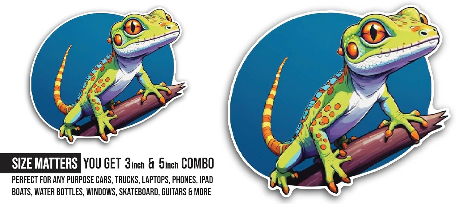 2 (Pieces) 3" and 5" Green Gecko Sticker, Waterproof Vinyl Decals for Many Purpose Like Cars, Trucks, Laptops, Phones, Windows and More
