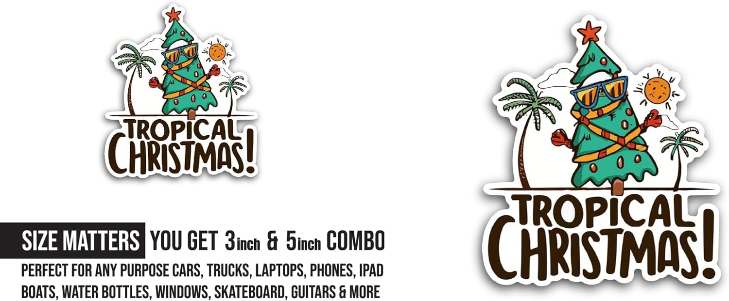 2 (Pieces) 3" and 5" Tropical Christmas Sticker, Waterproof Vinyl Decals for Many Purpose Like Cars, Trucks, Laptops, Phones, Windows and More