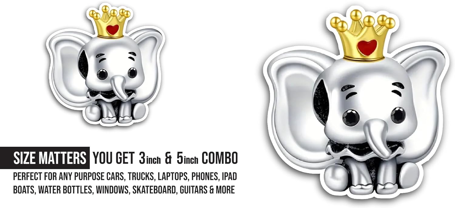 2 (Pieces) 3" and 5" Cute Elephant Sticker, Waterproof Vinyl Decals for Many Purpose Like Cars, Trucks, Laptops, Phones, Windows and More